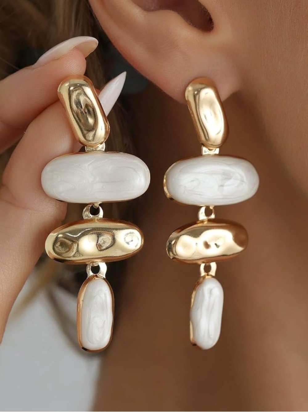 Anthropologie Geometric Gold and White Dangle Earrings